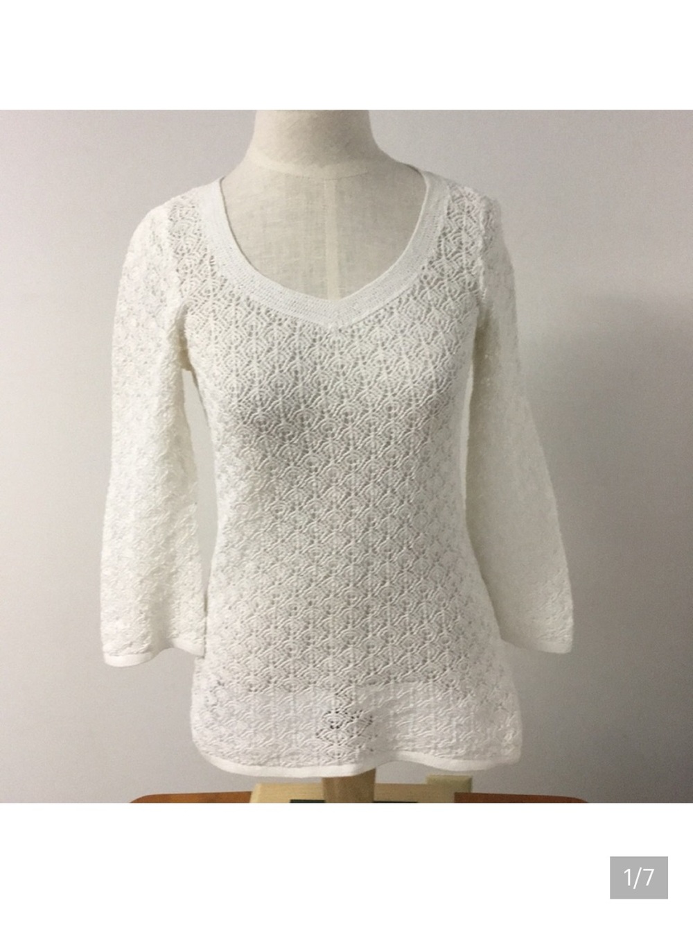 Ann Taylor white top knit sweater crochet pointelle S 3/4 sleeve